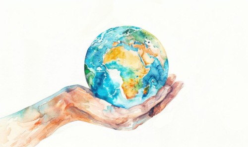 Watercolor illustration of a hand holding a globe Earth, white background AI generated