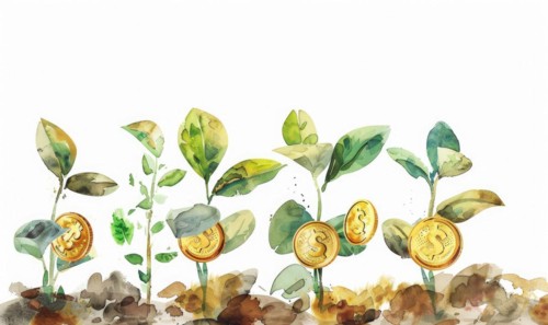 Watercolor illustration of money coins growing on a tree sprout AI generated