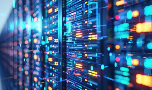 Cloud computing background with server racks and digital data streams AI generated