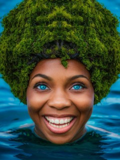 Woman emerging from blue ocean waters, refreshing smile with green foliage hat, moss growing and