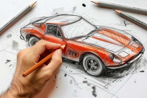 A designer in the field of automotive design, industrial design sketches a sports car from the