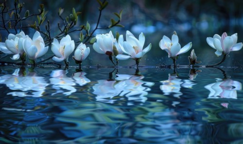 Magnolia blossoms reflected in the still waters of a tranquil pond. Magnolia blossoms touch water