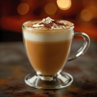 A warm latte in a glass cup topped with whipped cream and cocoa powder, with a bokeh background, AI
