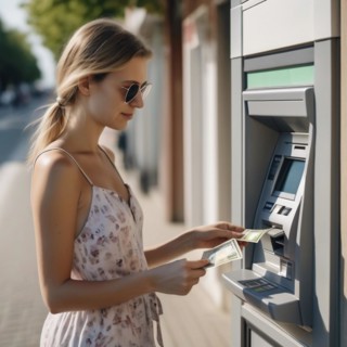 Relaxed young woman withdraws money from a sunny ATM, AI generated