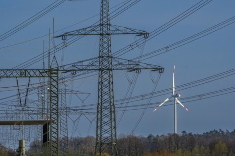 Stendal West substation with wind turbines in the background near Luederitz, Stendal,