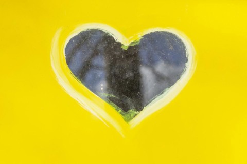 Heart as the window of a yellow toilet block, Bremen, Germany, Europe
