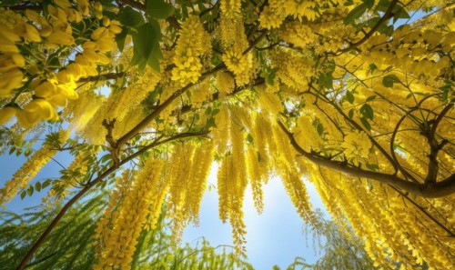 Laburnum blossoms forming a canopy of golden flowers AI generated