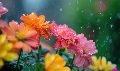 Raindrops falling on colorful spring flowers in a garden AI generated