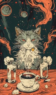 A cat is sitting at a table with two cups of coffee and a sugar cube. The cat appears to be angry