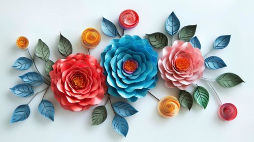 A vibrant paper craft display of a large blue flower and red roses with teal leaves on white, ai