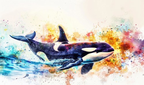 A watercolor depiction of an orca whale breaching the surface against a backdrop of vibrant ocean