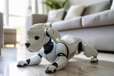 Cute robotic dog on livingr oom floor. KI generiert, generiert, AI generated