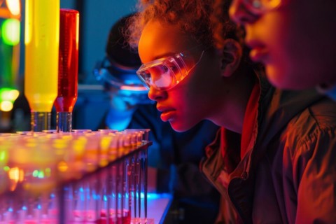 Pupils experimenting in a classroom with safety goggles, chemistry lessons, AI generated, AI