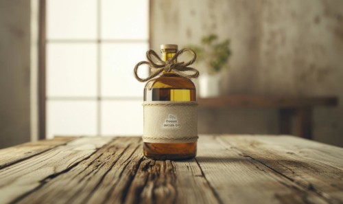 Amber glass bottle mockup containing premium organic oil, beauty care produce background AI