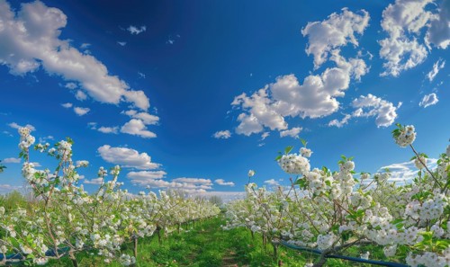 Blue skies over a blooming orchard AI generated