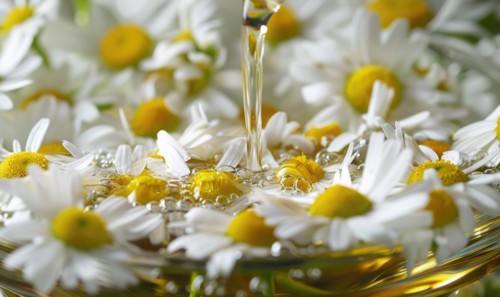 Chamomile essential oil and chamomile flowers closeup, skin care cosmetic concept AI generated