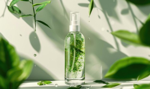 Transparent glass bottle mockup containing a rejuvenating green tea facial mist with a refreshing