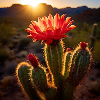 Saguaro cactus with vibrant flower in full bloom in early morning light, AI generated
