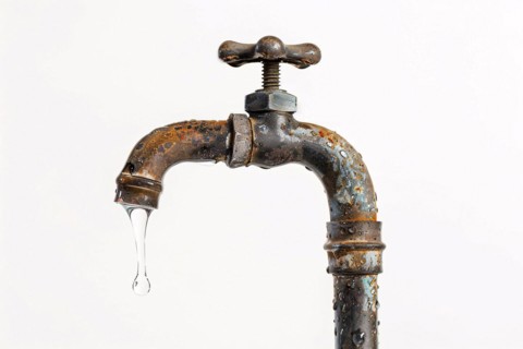 Drop of water coming out of old rusty water tap on white background. KI generiert, generiert, AI