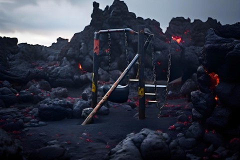 Lava destroying the remnants of a playground swings and slides emerging from hardened lava, AI