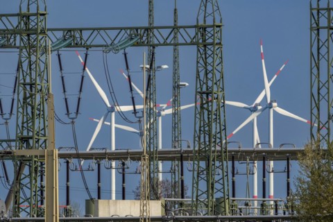 Stendal West substation with wind turbines in the background near Luederitz, Stendal,