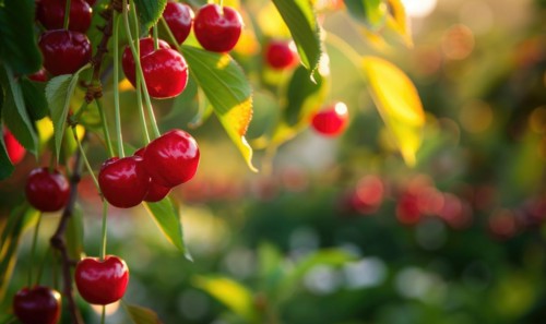 Ripe cherries dangling temptingly from the branches of a cherry tree in a vibrant garden AI