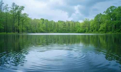 Springtime rain showers creating gentle ripples on the surface of the lake AI generated