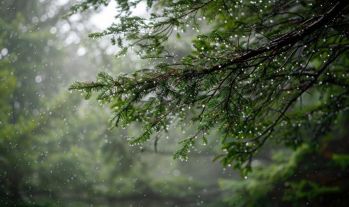 Closeup view on cedar branch in rain drops, bokeh background AI generated