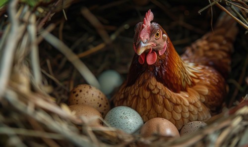 A hen guarding her freshly laid eggs in a nest AI generated