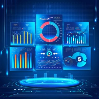 Finance analytics displayed on a futuristic holographic interface with blue digital graphics and