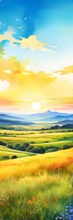 AI generated abstract painting of grasslands under a blazing sunset waves of greens