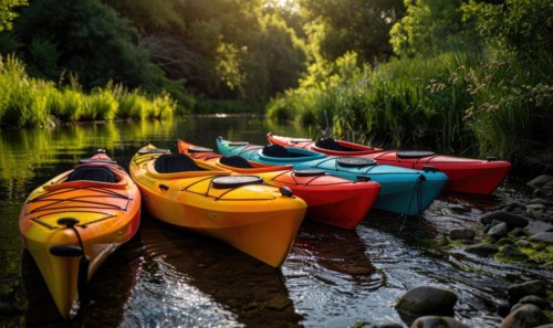 A group of colorful kayaks drifting down a spring river AI generated