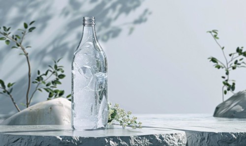 Crystal clear glass bottle mockup showcasing a premium quality mineral water sourced from natural