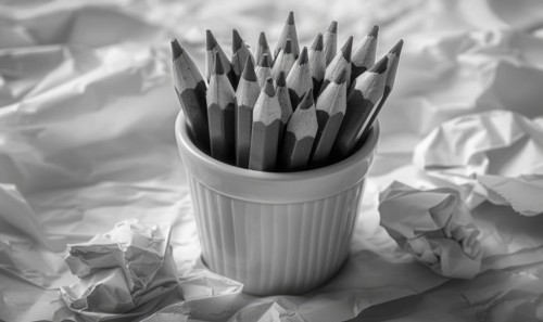 Graphite pencils arranged in a cup on a desk, surrounded by crumpled sheets of discarded white