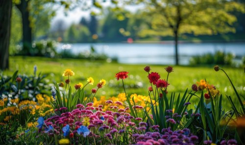 Springtime at the lake with blooming wildflowers and vibrant greenery AI generated