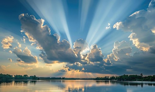 The sun peeking through a fluffy cumulus clouds, clouds reflected in water surface, sunset on the