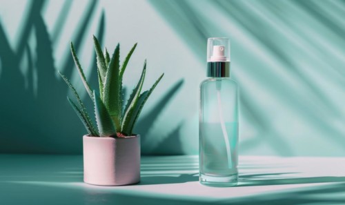 A blank spray bottle mockup containing aloe vera mist, nature cosmetic AI generated