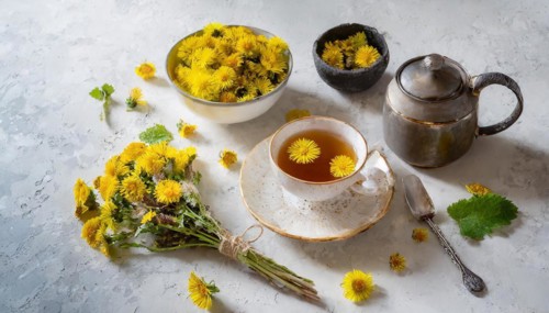 Still life with tea and yellow flowers on a light background, medicinal plant coltsfoot, Tussilago