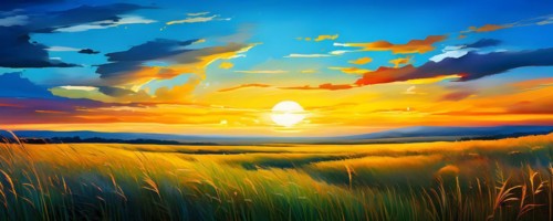 AI generated abstract painting of grasslands under a blazing sunset waves of greens