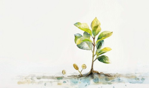 Tree sprout with coins growing from its buds, watercolor illustration on white background AI
