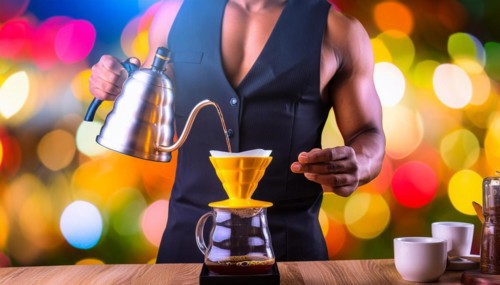 Sexy male Barista pouring hot water over coffee grounds with a vibrant bokeh background,