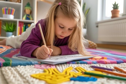 A pre-school girl lies on the floor and draws a picture with a pencil, AI generated, AI generated,