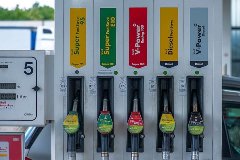 Five fuel offers at a petrol pump at a motorway service station, Thuringia, Germany, Europe