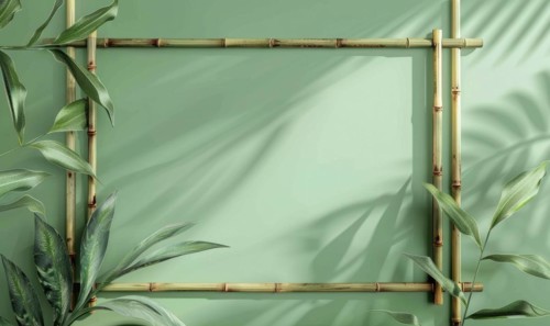 Delicate bamboo frame on minimalistic natural material, space remember AI generated