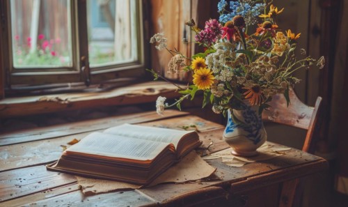 Antique desk with an open old book and a vase of wildflowers AI generated