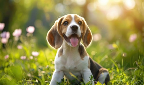 Happy Beagle puppy with floppy ears enjoying a sunny day in the garden AI generated