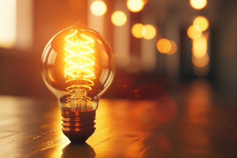 A captivating image capturing a glowing Edison bulb on a wooden surface, with the intricate