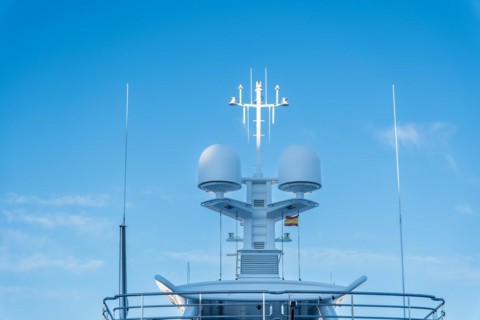 Radar system on the yacht in the old harbour of Barcelona, Spain, Europe