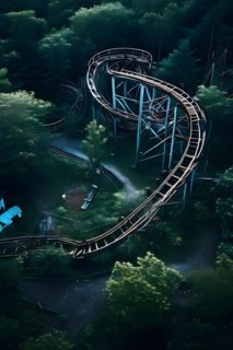 Aerial view of a bandoned amusement park overgrown with vegetation and rusting roller coasters, AI