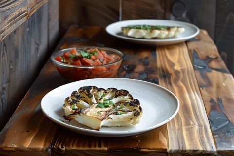 Rustic plates with grilled cauliflower and white cabbages, served with tomato sauce, AI generated